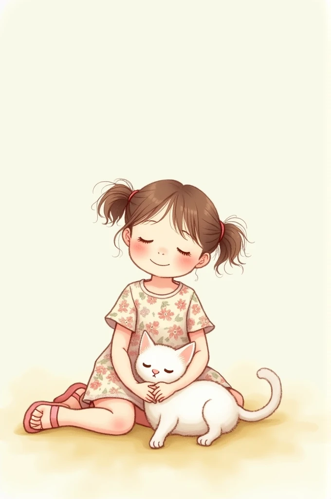 Create a whimsical, minimalist ren's book-style watercolor illustration of a super delicate  girl. She has brown hair tied into two pigtails. eyes closed, happy smile and rosy cheeks. The  wears a floral summer dress and flat shoes. She is sitting with a s...