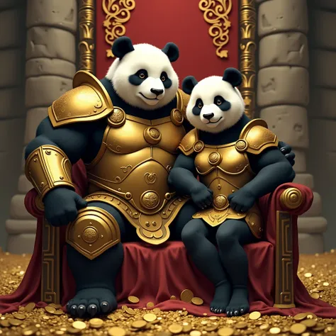 Make a big, strong PANDA couple with lots of muscles wearing gold armor sitting on a throne in the middle of a castle filled with gold coins on the ground, And now add next to the panda another female panda with breasts and a thin body wearing gold armor s...