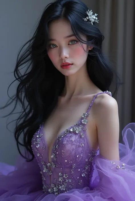  young woman , shiny purple long prom dress with silver flower details,  white skin ,  Green Eyes Pants, long black hair loose and with a white lock 