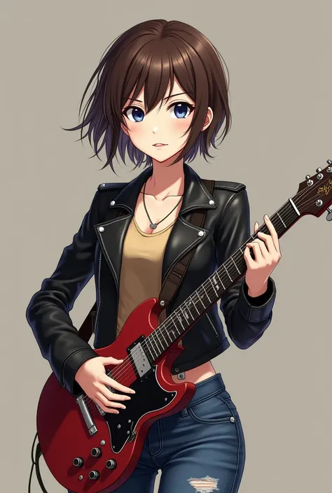 chica (appearance:  Short brown hair,  dark blue eyes, light skin, 1,57 cm ) (outfit:  black leather jacket,  beige sleeveless top, worn jeans,  electric guitar, microphone)  anime 2D 4K , High details,  high definition ,  High resolution 