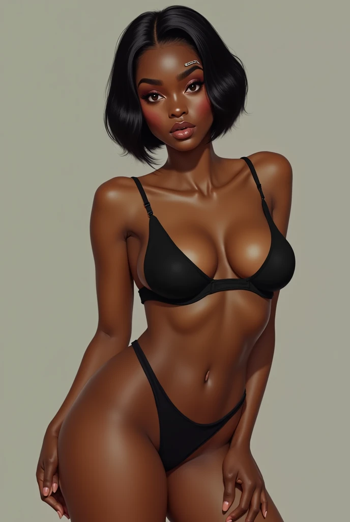 hentai, naked, short black female hair, eyebrow piercing, little chubby, brown eyes