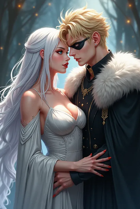 Women, Demon Queen, Madura,  long white hair, pale skin, fine features y elegantes, light yellow eyes ,   evil expression , sensual smile, reddish lips, Modern Hairstyle,  voluptuous sensual body, with elegant clothes, Anime 2.0,  with young man,  Viking N...