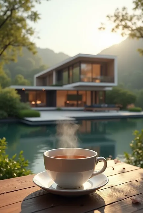  A very modern house and a picture of a cup of tea 