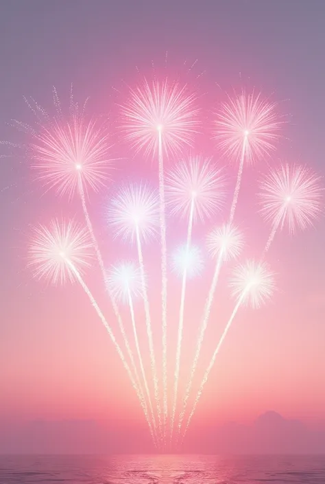 Fireworks making 8 in the shape of hearts, with a light pink background, blue 