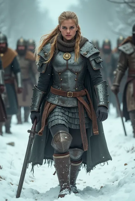 a blonde Viking girl walks forward, there is snow and warriors all around, she is a little angry, she is wearing Viking makeup, she has pigtails and is wearing armor