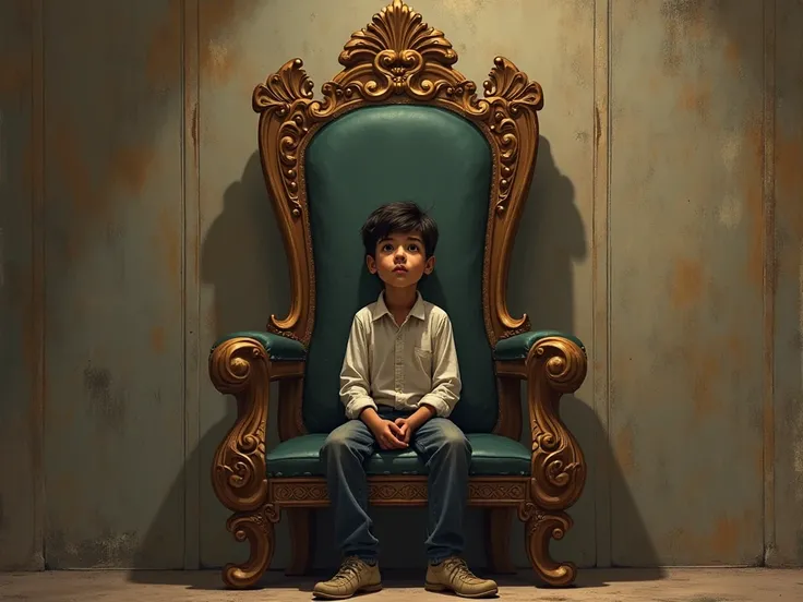 A boy sitting in the grand chair in front of the wall was written by "KISHORE"


