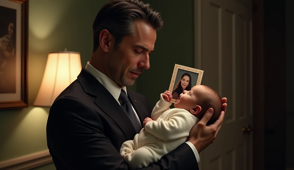 Prompt: "A wealthy American millionaire finds a newborn baby holding a photo of his wife in a dramatic and emotional scene. The setting is in the United States, with cinematic lighting and a realistic, detailed background. The millionaire is the central fo...