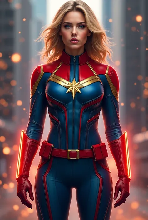 Create a feminine costume inspired by Captain Marvel without the star on the chest