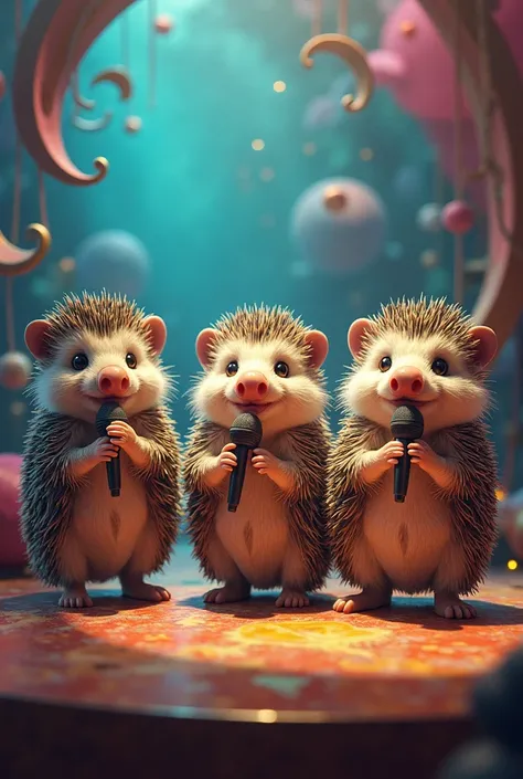 3 hedgehogs with microphone with big nose 