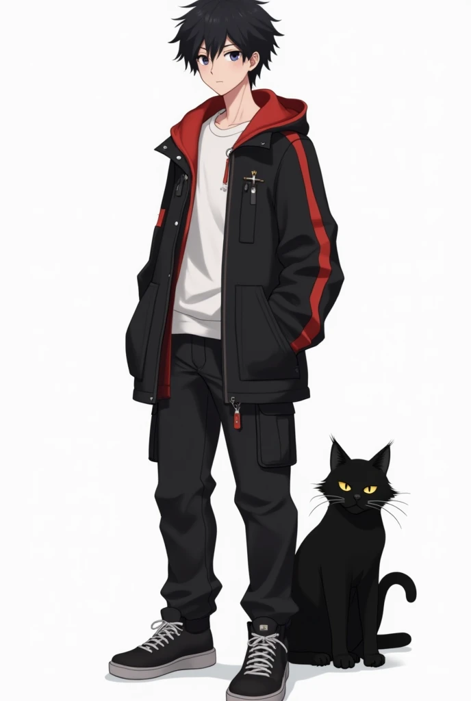 Make an image of a black-haired teenager who has an open black coat with red details and with a white blouse and with black cargo pants ( drawn in the anime style ) And on his side there is a black Maine Coon cat that is a big black cat and he wears black ...