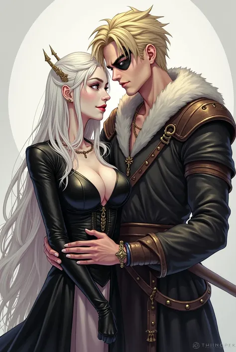 Women, Demon Queen, Madura,  long white hair, pale skin, fine features y elegantes, light yellow eyes ,   evil expression , sensual smile, reddish lips, Modern Hairstyle,  voluptuous sensual body, with elegant clothes, Anime 2.0,  with young man,  Viking N...