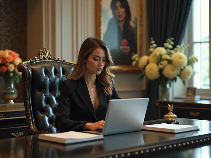 (( best quality )), (( masterpiece )), (detailed), ( realistic ), Office, luxurious, boss lady in chef sessel, laptop,  flower decoration ,  light flooded, brightly designed ,  black, gold, weiss, 