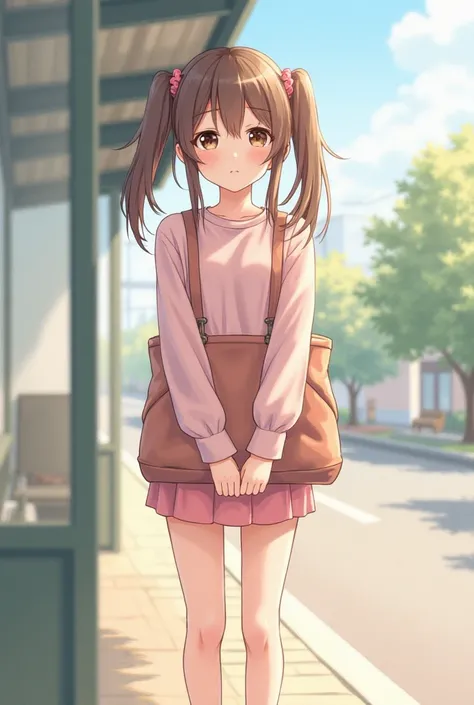  you make an anime girl with long brown hair and brown eyes. She has pigtails .  is waiting for a bus at the bus stop. She has a big bag and is dressed in pink 