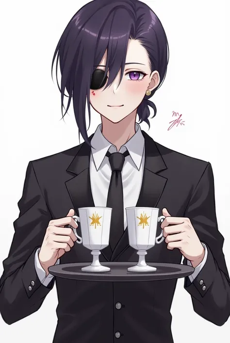 one male, solo, only male, gentleman, cute, best quality, amazing quality, best aesthetic, Male anime characters, dark purple hair, bruises under eyes, purple eyes, medium length hair, hair pulled back into a small ponytail, eye patch on 1 eye, dressed in ...