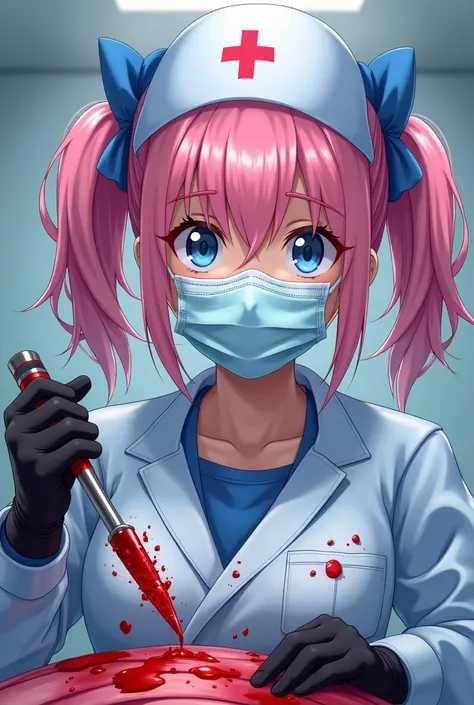  the anime surgical nurse 、 bow phant cap 、 surgical mask、face shield、 wears black latex gloves、I have a scalpel 。 has all her PPE covered in blood and 、 Pink-Haired Girl、blue eyes、 twin drill