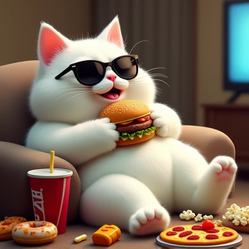 (((Netflix)))Hamburgers while watching、pizza、 popcorn、potato、Donuts、Eating lots of cola 、fat white cat wearing sunglasses
A fat white cat wearing sunglasses eats a hamburger