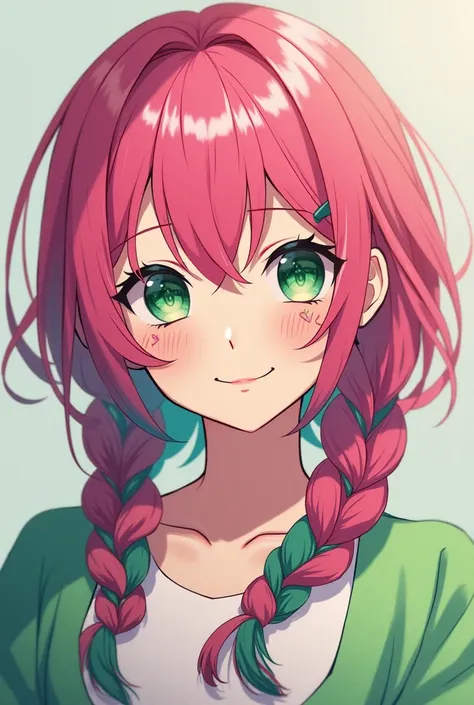 Create a 19-year-old anime woman with three thick pink and green braids and big green eyes and a sign below each eye