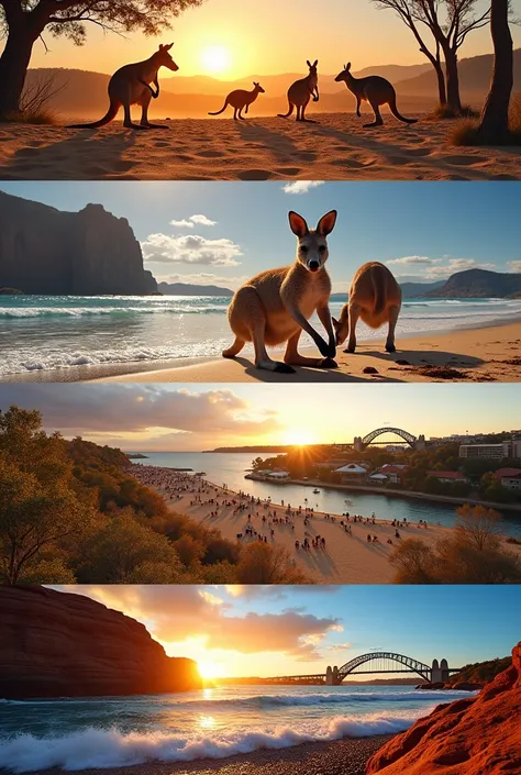 Voiceover: "Welcome to Australia, a land where natural beauty meets vibrant culture!"

[Cut to: Close-up shots of kangaroos hopping in the wild, surfers riding waves on Bondi Beach]

Voiceover: "From the endless beaches to the rugged outback, Australia's l...