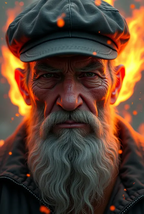 Create an old man's beard from Free Fire with a cap that comes out on fire from the sides 