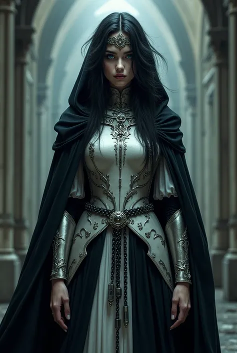 Masterpiece, 1 Girl, Solo, Long Black Hair, hair over eyes, messy hair, bangs, white soft Armor, black dress, Tiara, black cape, hood, Pale Skin, Blue Eyes, Holding a Silver Staff, holding a chain with a thurible, goth cleric, Standing, epic, 8k