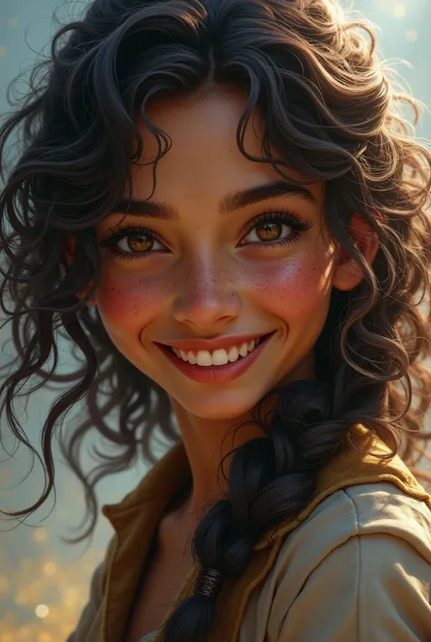 Crie a Charlotte, a  girl, genius in hand-to-hand combat, with curly hair, brunette skin, dark brown skin, freckles, brown heterochromia, perfect smile and dimples in his chin, besides a turned-up nose, and slanted eyes, one light brown eye and one dark br...