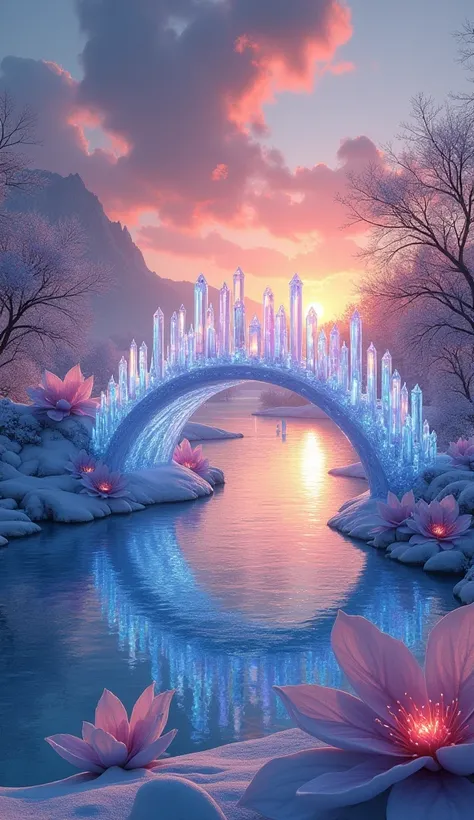 A sparkling bridge made entirely of crystal arches over a frozen winter river, its glowing flowers reflecting hues of amber, sapphire, and rose quartz as the fiery sunrise breaks through the clouds.