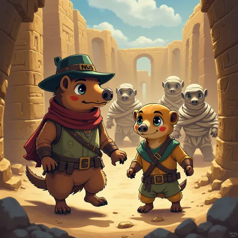 A warthog who wears a hat with the inscription NS and a meerkat who wears a necklace with the inscription OWU disguised as an adventurer attacked by mummies in Egypt in anime mode 