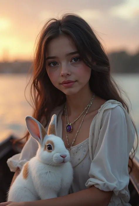 You can create a girl with thick eyebrows with straight dark brown hair and dark brown eyes dressed in white in a boat at dusk next to an adult hairy white Angora rabbit with a big cinnamon spot on her back and another big spot on her eye that has a neckla...