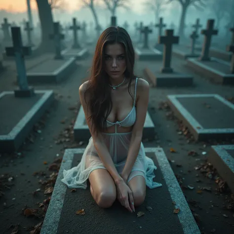 A full landscape of a young beautiful seductive widow alone in the vast graveyard, from a far panoramic bird-eye's view above, in 8K. It's a cold snowstormy day of December, but at the same time, the sun shines a lot. In the graveyard. A BEAUTIFUL full-bos...