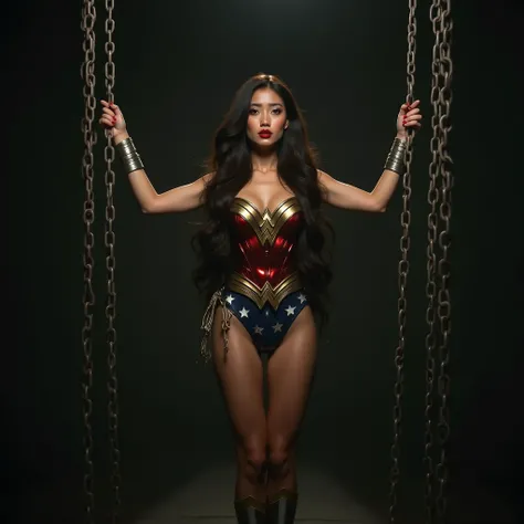 (masterpiece：1.2), (fidelity：1.2), (best quality), (Skin details：1.3), (intricate details), in a dark prison, (a beautiful Asian woman in full Wonder Woman costume, entire body lifted off the ground by chains), metal chains, metal bracelets, metal anklets,...