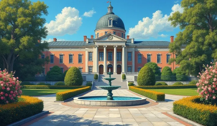 (((Create a masterpiece, high quality, Vincent van Gogh oil painting style.
Background: exterior of a university, dome with lantern and drum, three-story neoclassical building with Ionic capital columns, cornices, windows, pediment, staircase, gray exterio...