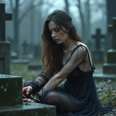 A full landscape of a young beautiful seductive widow alone in the vast graveyard, from a far panoramic bird-eye's view above, in 8K. It's a cold snowstormy day of December, but at the same time, the sun shines a lot. In the graveyard. A BEAUTIFUL full-bos...