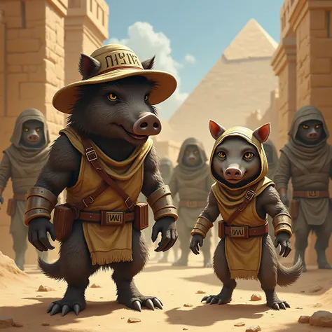 Un sanglier qui porte un chapeau  avec l inscription NSM et un suricate qui porte un collier avec l inscription OWU déguisé en aventurier attaqué par des momies en Égypte 