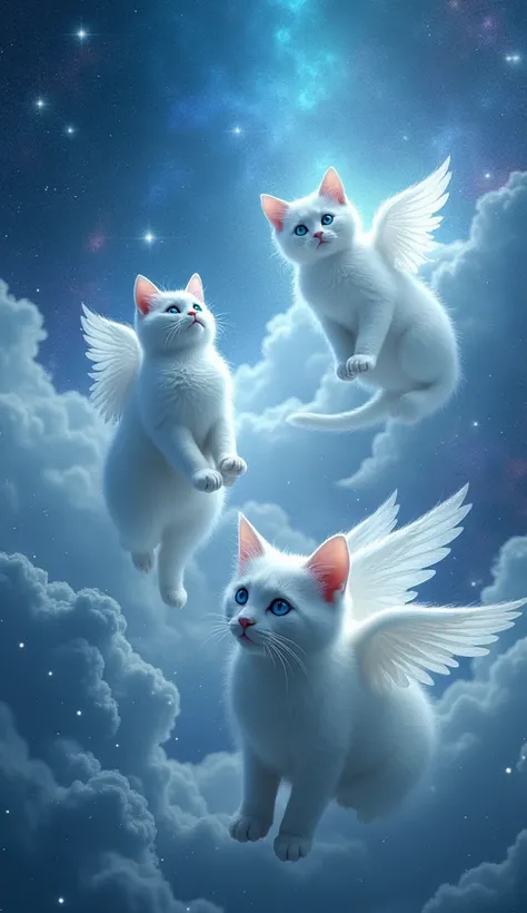 Here is a very realistic version of the celestial scene with the white cats with blue eyes and angelic wings.