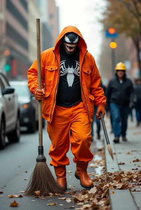 Imagine o Venom,  the famous Marvel antihero , dressed in a street sweeper uniform, orange jacket, orange pants and orange boots ,  holding a broom and a shovel . He's on a city street, surrounded by garbage and leaves ,  with a friendly smile on her face ...