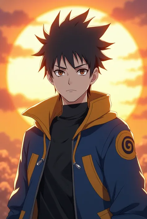 Create a character that has white skin, Spiky hair and dark brown eyes, He is from an anime and he has an extremely serious look with almost no glare on his face, He has the face of an 18-year-old, He has clothes in the color black,  Blue and yellow in add...