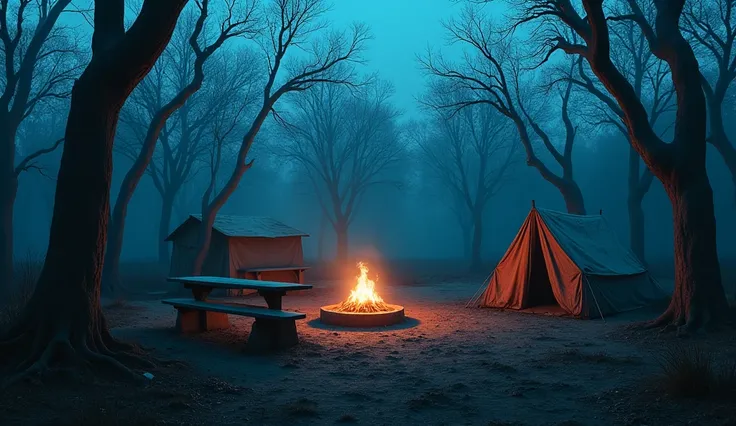  The tents and benches surrounding the fire pit were worn out,  as if they had been abandoned decades ago . The surrounding trees,  before green and alive ,  now they were just twisted skeletons of dry branches .  The fire of the bonfire was no longer oran...