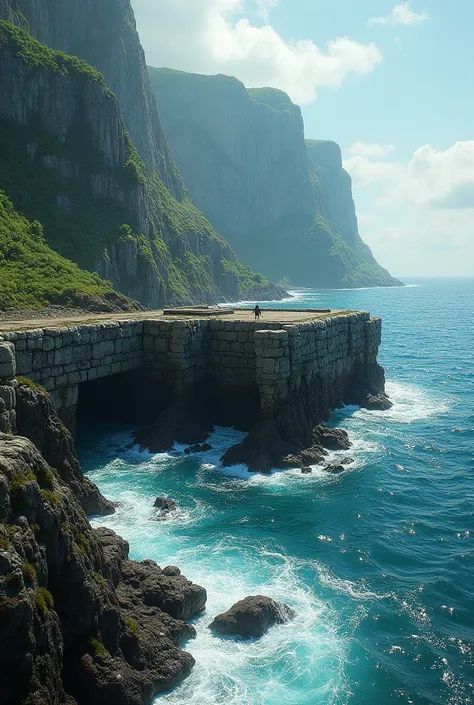 The coast of an island with a breakwater
