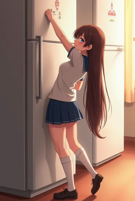 Make an anime style girl, she is on her back on tiptoes and with one of her arms stretched up to reach a food cabinet, the image has to have her on her back with long hair Brown and she's wearing a micro skirt And an extremely small regatta , Make the scen...