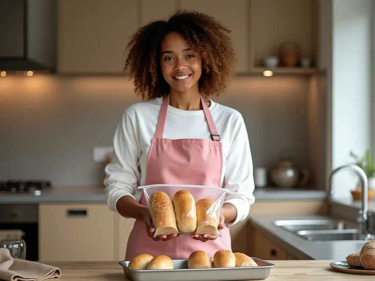 Realistic image. Professional photography. From the top of the head to the thighs. 26 year old woman, light brown skin, standing, Latin American race, light green eyes, curly hair cut modern, facing forward, with a proud expression and a slight smile, hold...