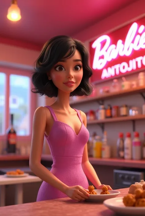 Pixar woman in a store decorated like Barbie that has a BARBIE ANTOJITOS sign,  and that the girl is preparing Korean flags , Micheladas and dumplings in a pink dress with lila that has a good body, short and fringed hair