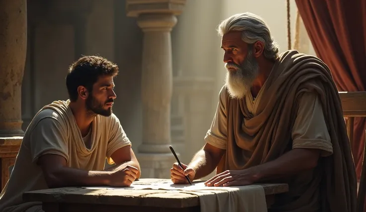 Stoic Seneca of antiquity, He is determined speaking standing , next to you a young man at a table writing and expressing a lot of surprise, with a mystical atmosphere, HD
