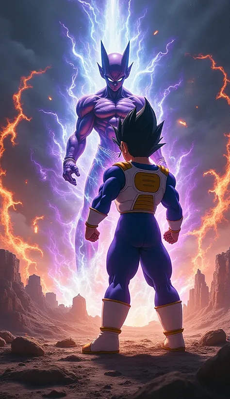 Create a realistic image of Vegeta facing off against Beerus in an intense showdown. Vegeta, wearing his iconic Saiyan armor and blue jumpsuit, stands in a powerful, aggressive stance, his Super Saiyan aura glowing brightly around him, his eyes filled with...