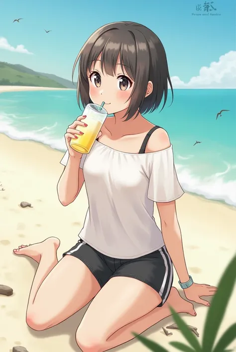  1 girl,  shortcuts,On the beach、 Generate an image of someone drinking water deliciously！