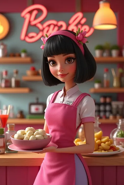 Pixar woman in a store that has a BARBIE ANTOJITOS sign,  and that the girl is preparing Korean flags , Micheladas and dumplings in a pink dress with lila that has a good body short hair with fringes, And that she has a small sign on her dress that says Ja...