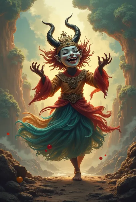 A god with a grinning face with a mask, often depicted juggling or dancing, standing in his world 