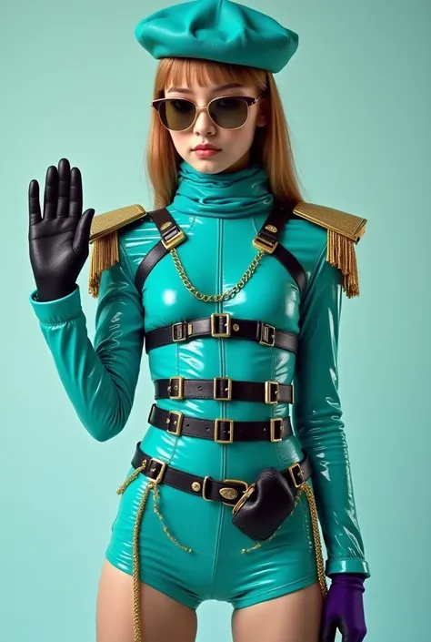  The girl wears a futuristic and striking outfit ,  composed of the following :

 Clothing:

Top y short:  Bright turquoise ,  with a fitted design and textures that imitate a latex or vinyl finish .  They are decorated with black straps in the form of a h...