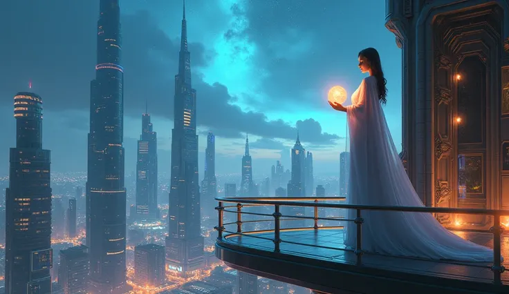 "A futuristic city skyline, with towers reaching towards the stars. Aquarius stands on a balcony, gazing out at the city below, holding a glowing orb that represents knowledge and innovation. The scene is filled with high-tech energy and a sense of forward...