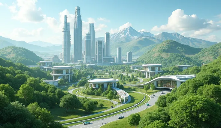 3D sustainable urbanization, super realistic, with a landscape of small mountains and trees