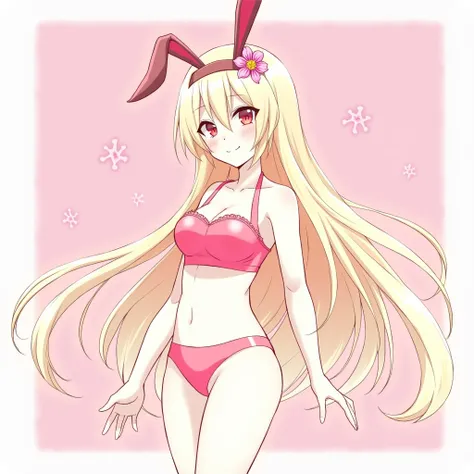  1 Girl ,  High Resolution , long hair, Big breasts,  rabbit ears , Charmed red , Golden Eye,  Pink Eyes ,ribbon, hair flower,  Bow Hair Adornment, illustration, decorative arts, action painting, long hair, Bangs,  Blonde Hair, Pink Monochrome Underwear